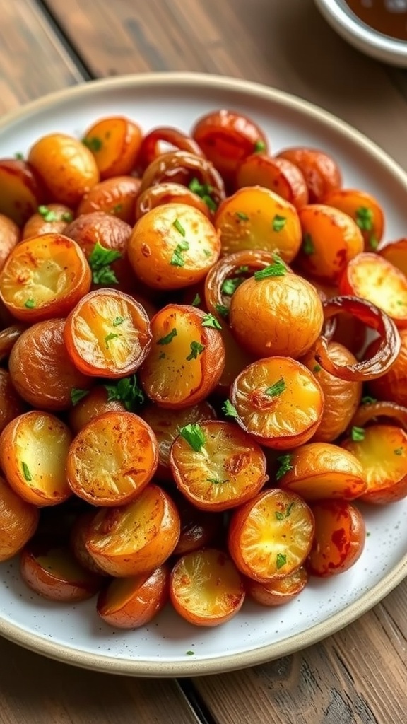 Crispy Air Fryer Potatoes and Onions Crispy air fryer potatoes and onions served on a plate, garnished with herbs.